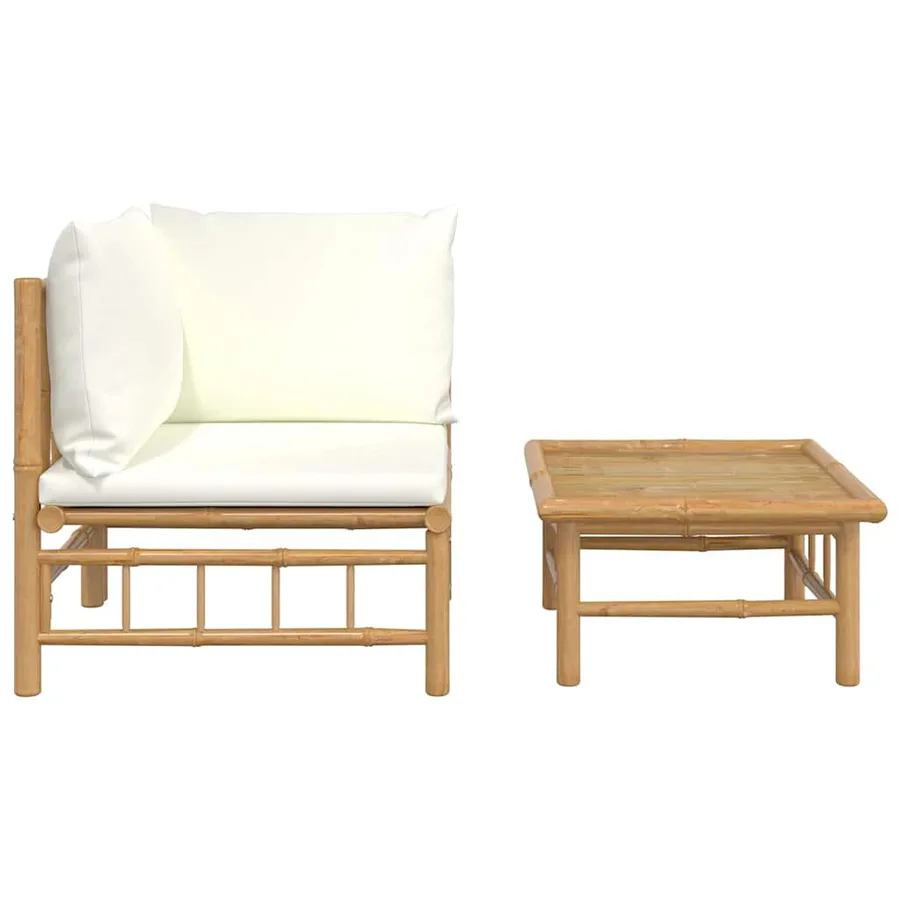 Salon de jardin 2 pcs avec coussins blanc crème bambou - 3