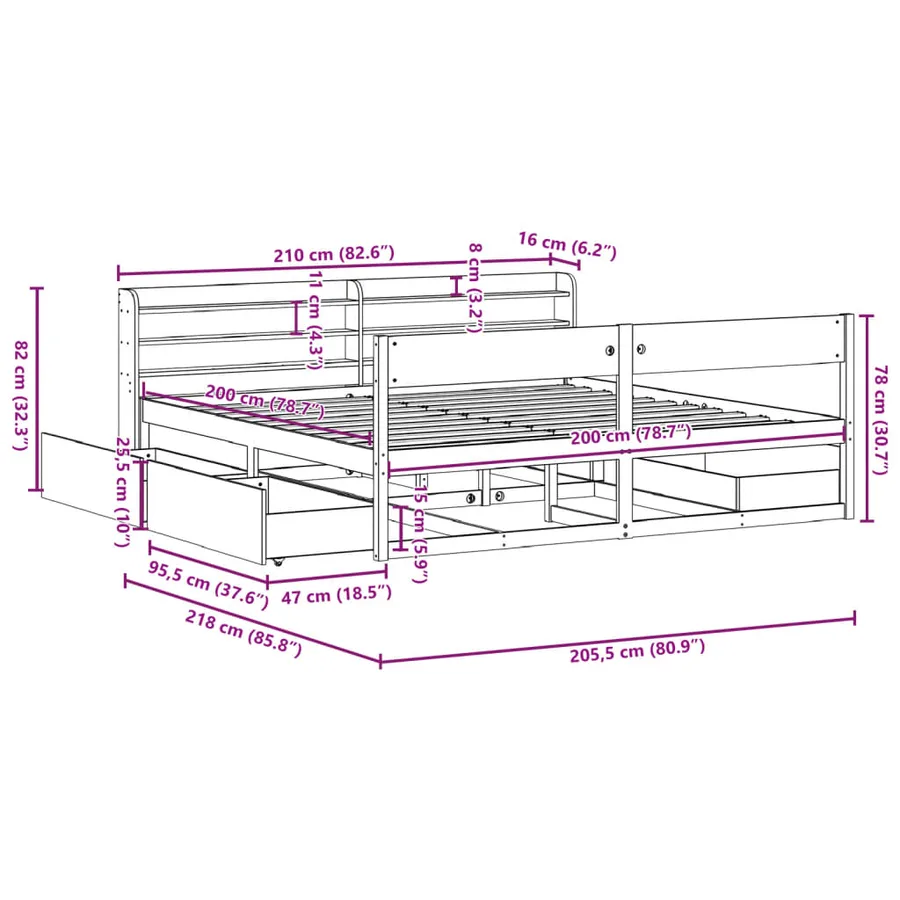 Cadre de lit sans matelas cire marron 200x200cm bois pin massif - 12