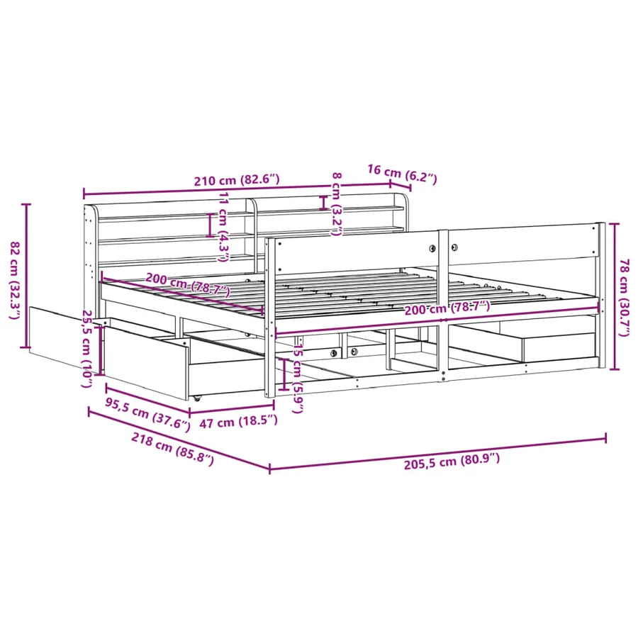 Cadre de lit sans matelas 200x200 cm bois massif de pin - 12
