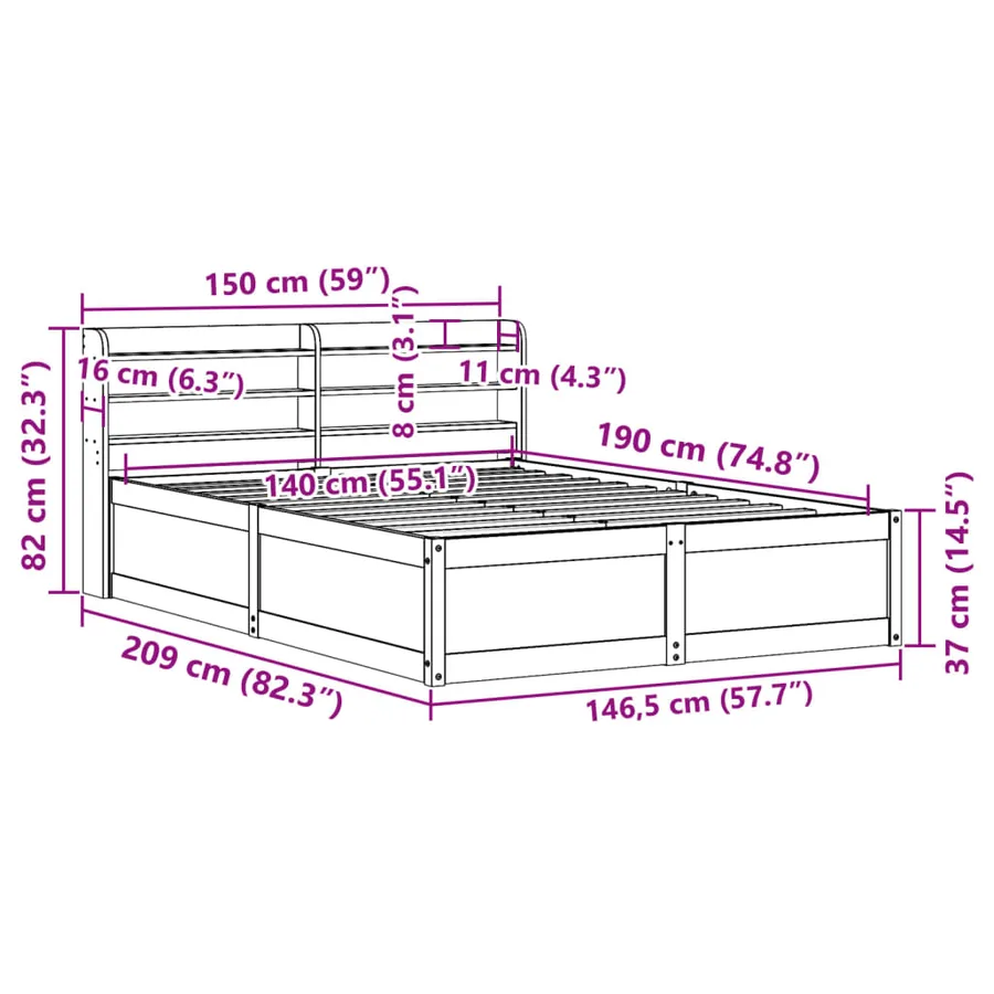Cadre de lit avec tête de lit cire marron 140x190cm bois de pin - 12