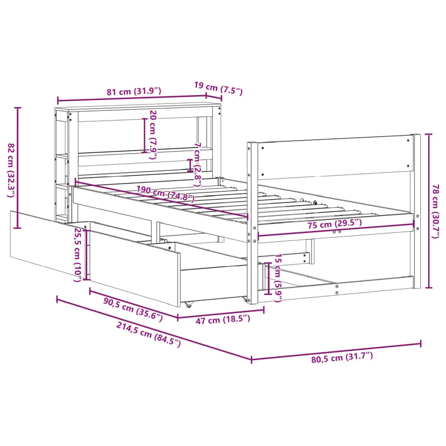 Cadre de lit sans matelas cire marron 75x190 cm bois pin massif - 12