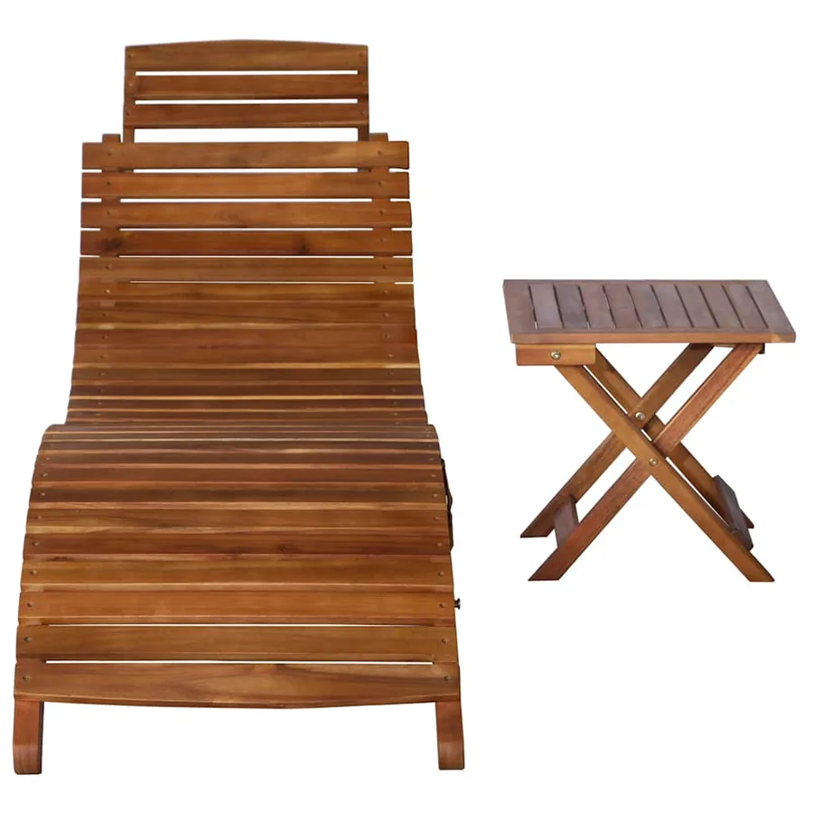 Sun lounger with table Solid acacia wood Brown - 2