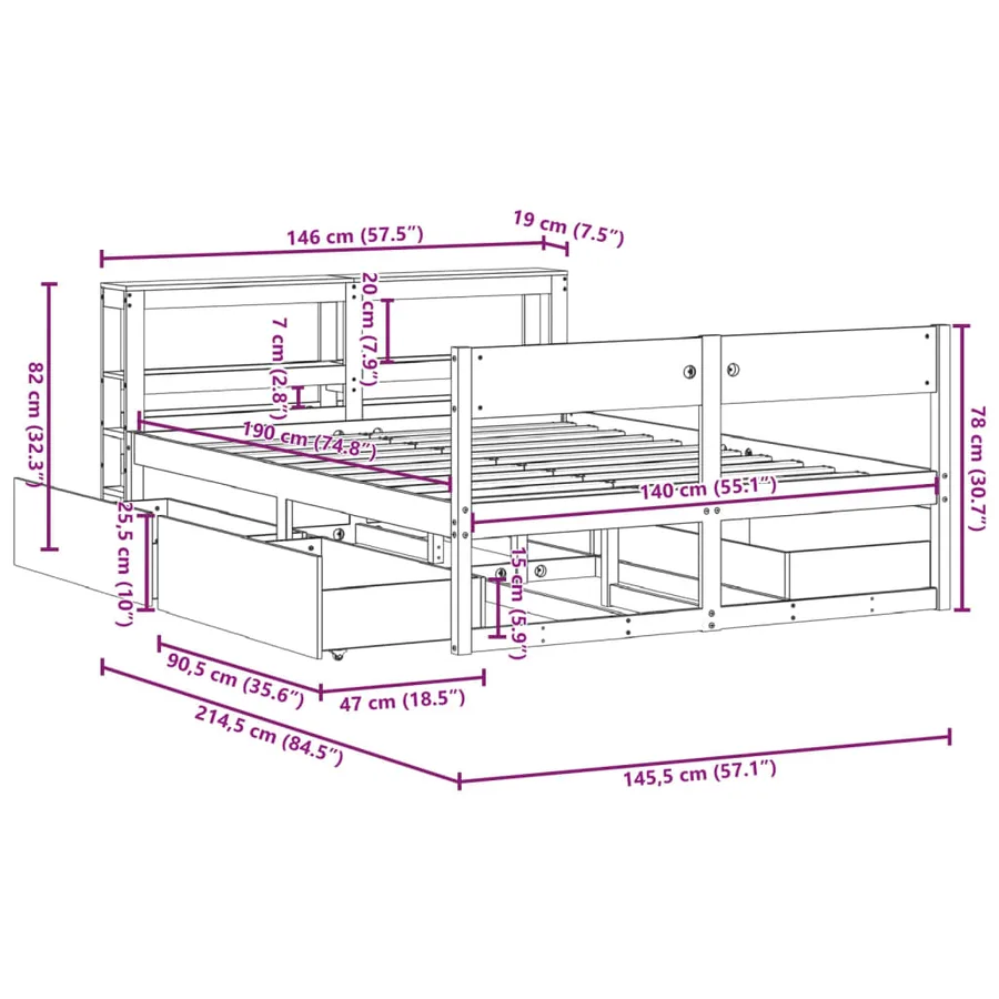 Cadre de lit sans matelas cire marron 140x190cm bois pin massif - 12