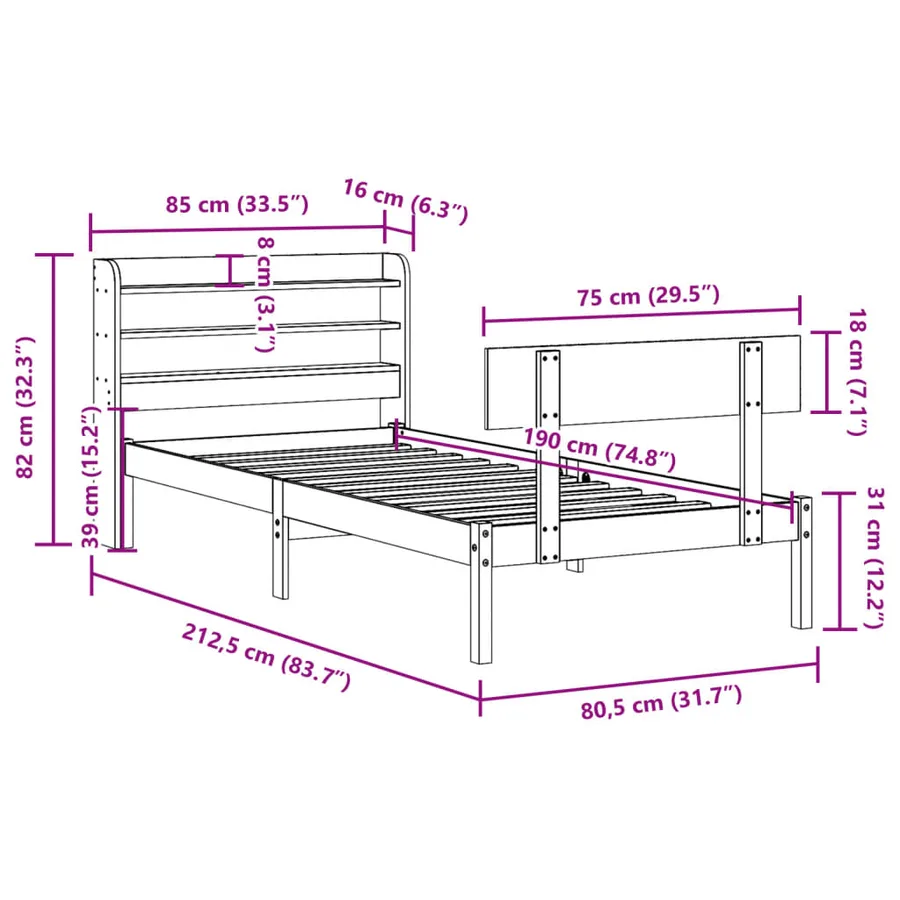 Cadre de lit sans matelas blanc 75x190 cm bois de pin massif - 12