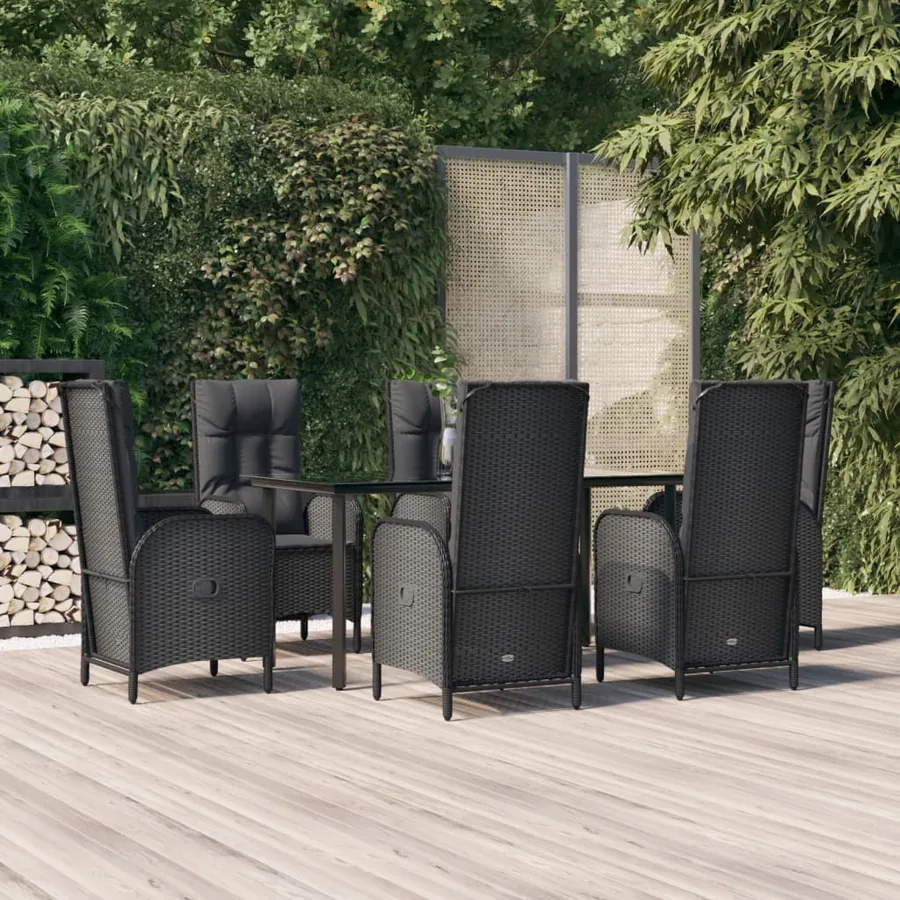 Garden Dining Set Cushions 7 pcs Black Poly Rattan