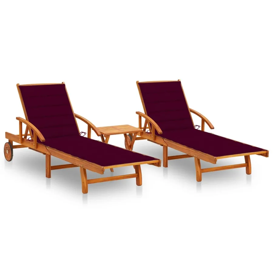 Sun Loungers Set of 2 with Table and Cushions Solid Acacia