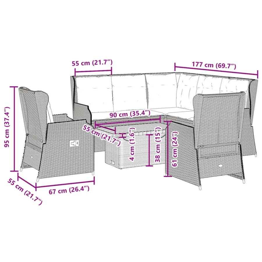 Salon de jardin 6 pcs avec coussins Noir Résine tressée - 12