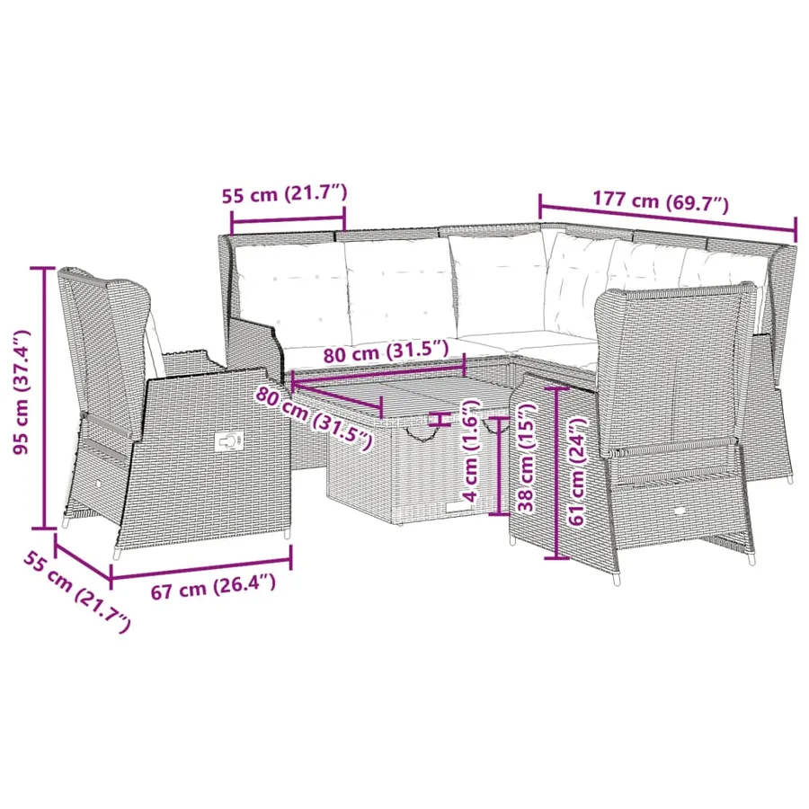 Salon de jardin 6 pcs avec coussins Noir Résine tressée - 12