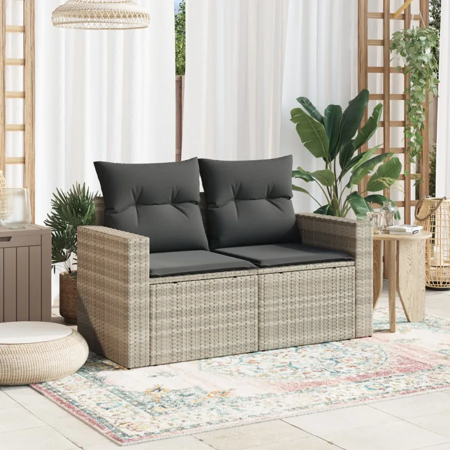 Canapé de jardin 2 places et coussins gris clair résine tressée - 3