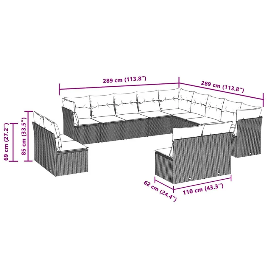 Salon de jardin avec coussins 13 pcs gris clair résine tressée - 6