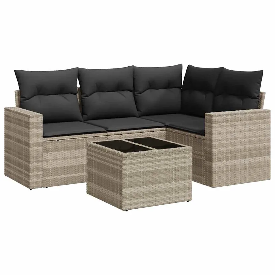 Salon de jardin 5 pcs avec coussins gris clair résine tressée - 2