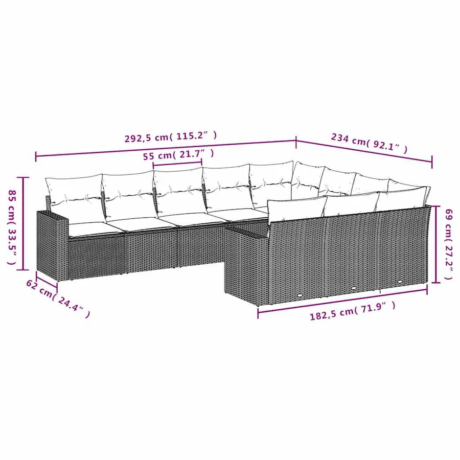 Salon de jardin avec coussins 10 pcs gris clair résine tressée - 7