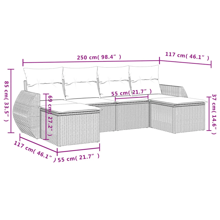 Salon de jardin 6 pcs avec coussins gris clair résine tressée - 3