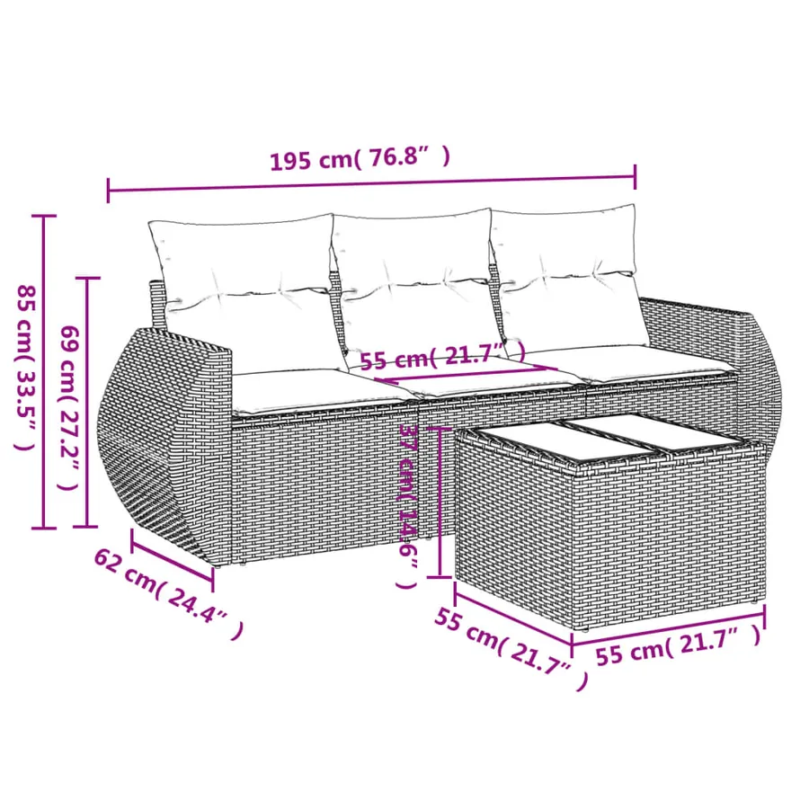Salon de jardin 4 pcs avec coussins gris clair résine tressée - 3