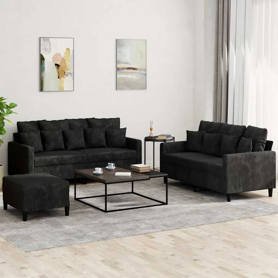 Ensemble de canapés 3 pcs avec coussins Noir Velours