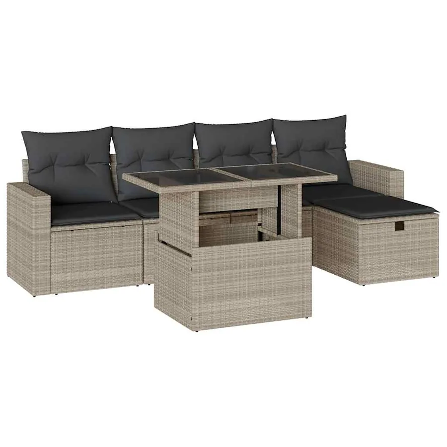 Salon de jardin 6 pcs avec coussins gris clair résine tressée - 2