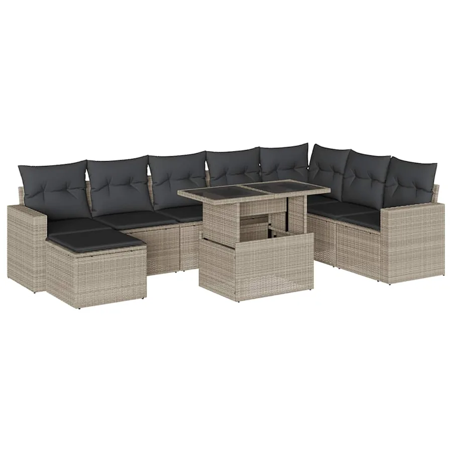 Salon de jardin 9 pcs avec coussins gris clair résine tressée - 2