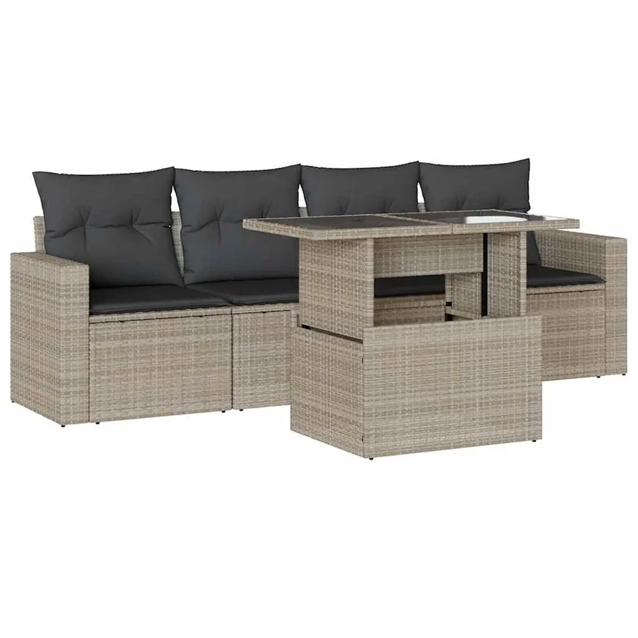 Salon de jardin 5 pcs avec coussins gris clair résine tressée - 2