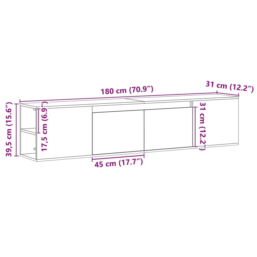 Meuble TV mural avec LED sonoma gris 180x31x39,5 cm - 16