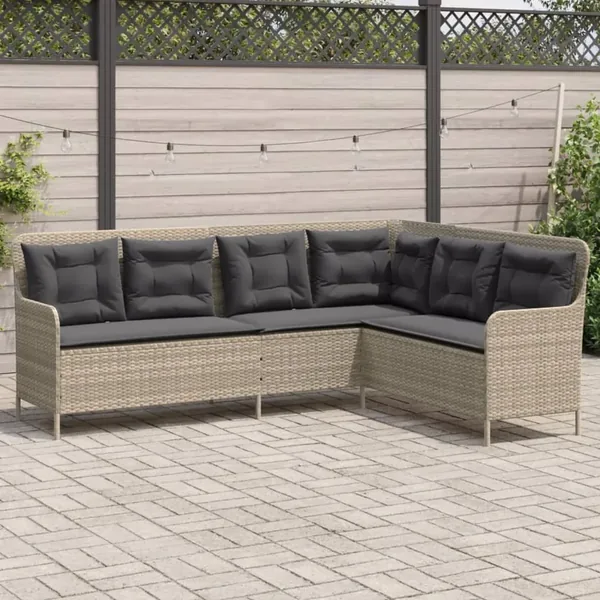 Canapé de jardin avec coussins forme de L gris clair poly rotin