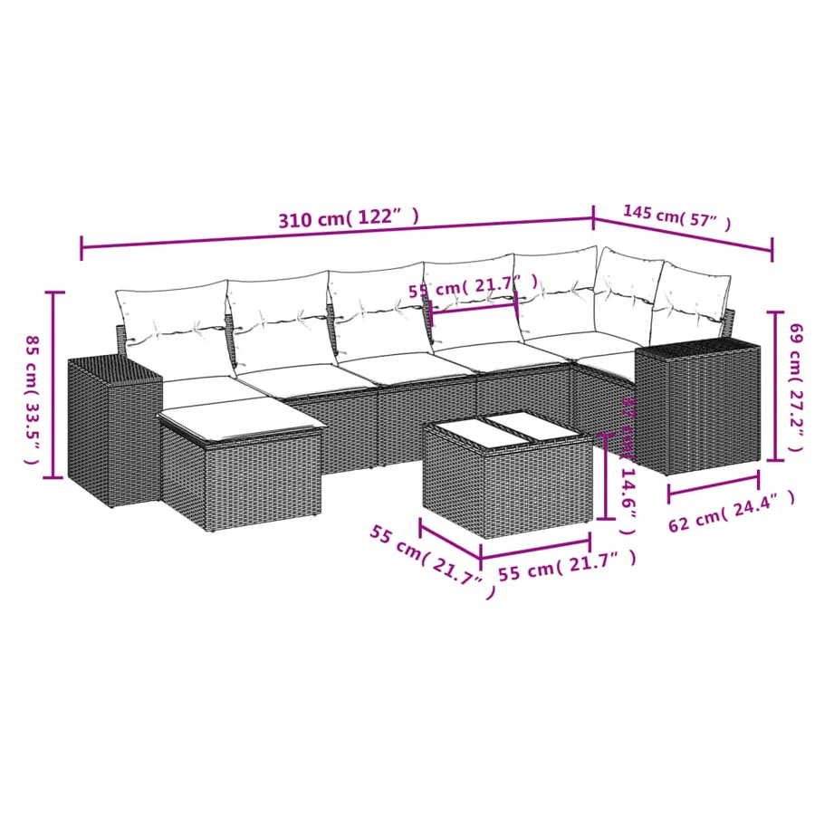 Salon de jardin 8 pcs avec coussins gris clair résine tressée - 3