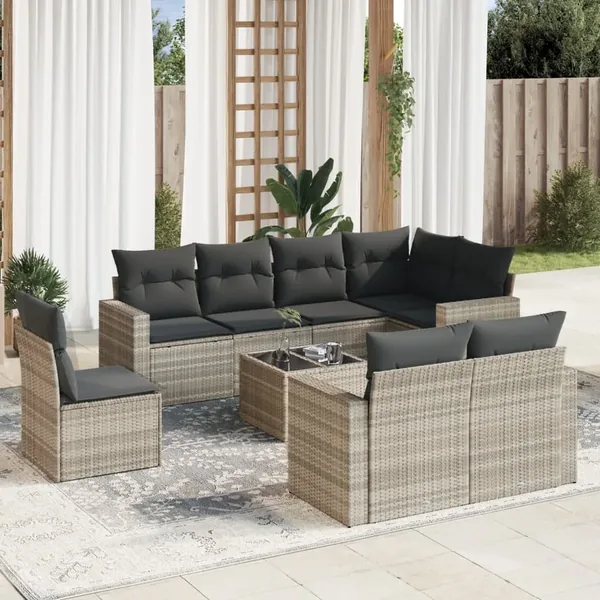 Salon de jardin 9 pcs avec coussins gris clair résine tressée