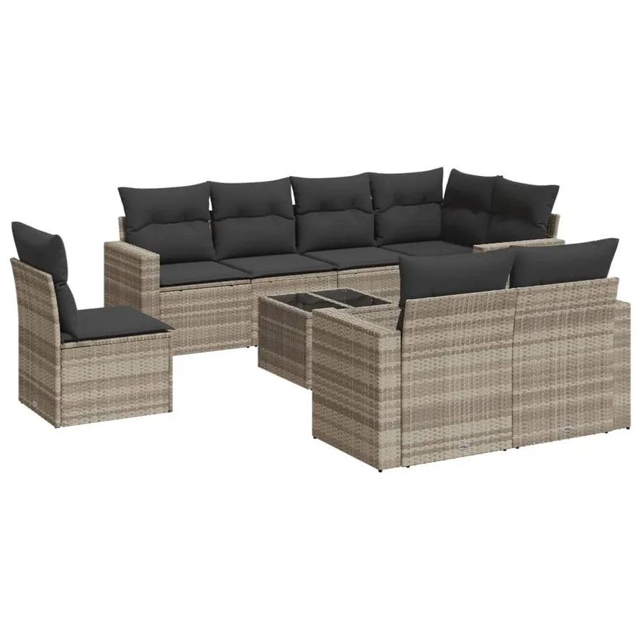 Salon de jardin 9 pcs avec coussins gris clair résine tressée - 2