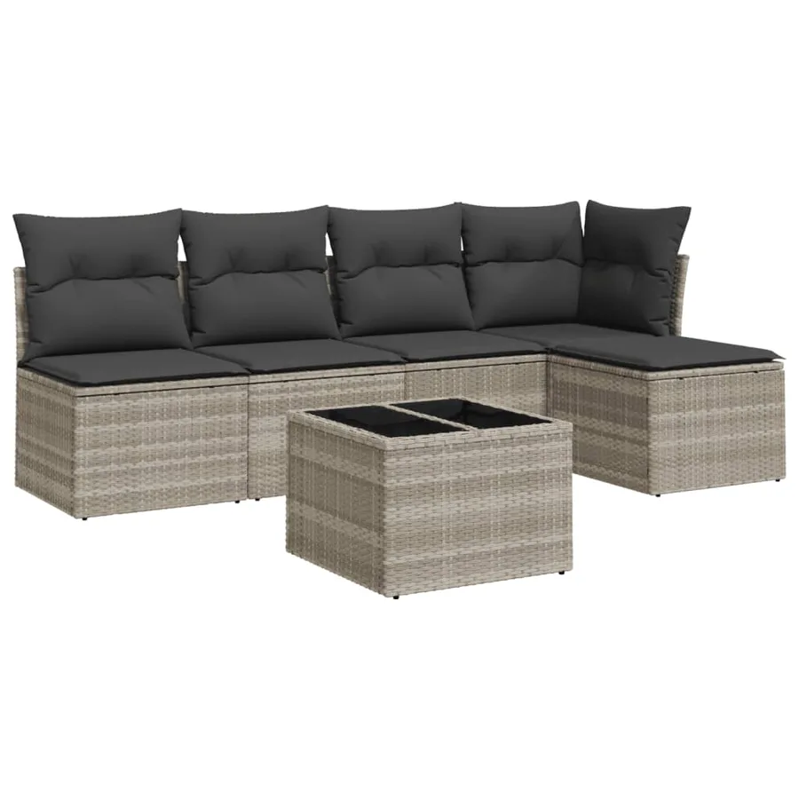 Salon de jardin 6 pcs avec coussins gris clair résine tressée - 2