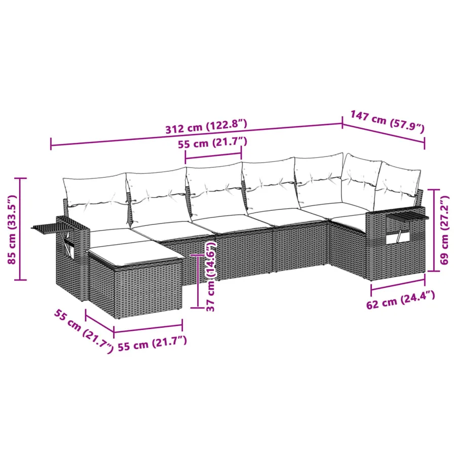 Salon de jardin avec coussins 7 pcs gris clair résine tressée - 3
