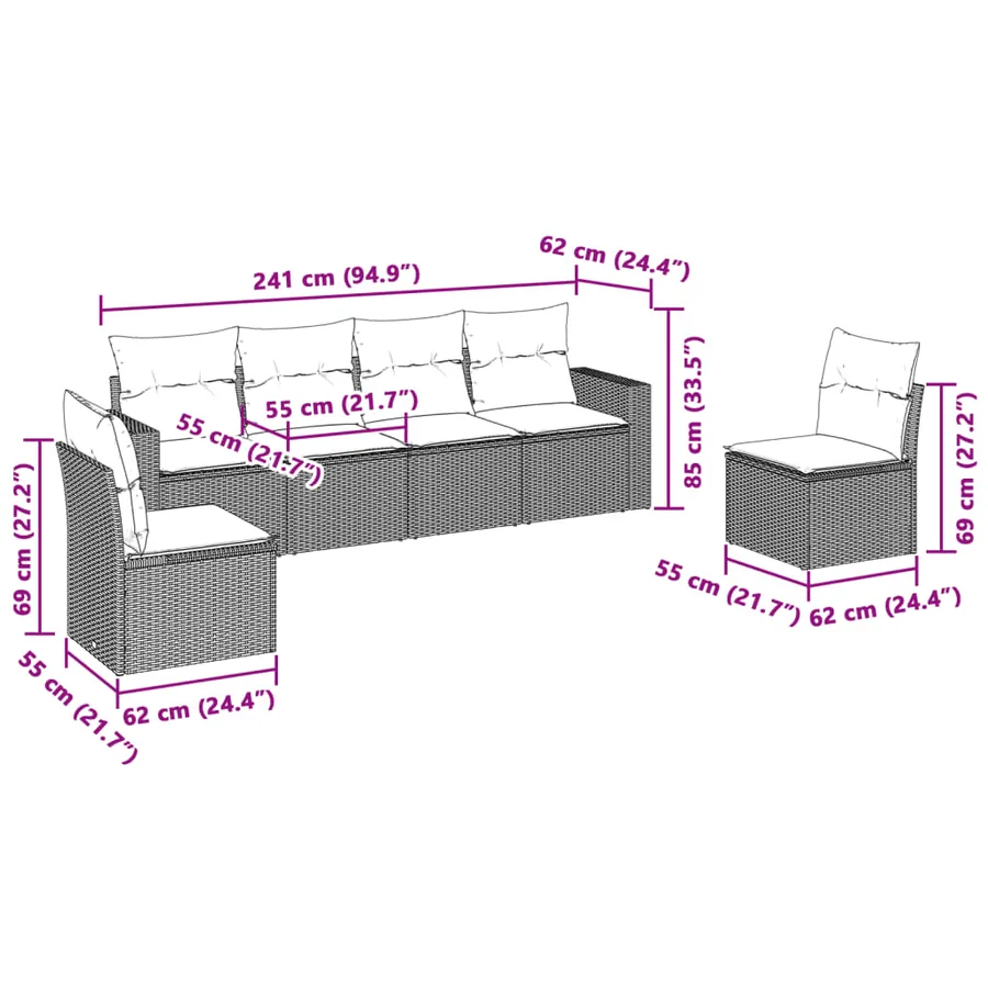 Salon de jardin 6 pcs avec coussins gris clair résine tressée - 3
