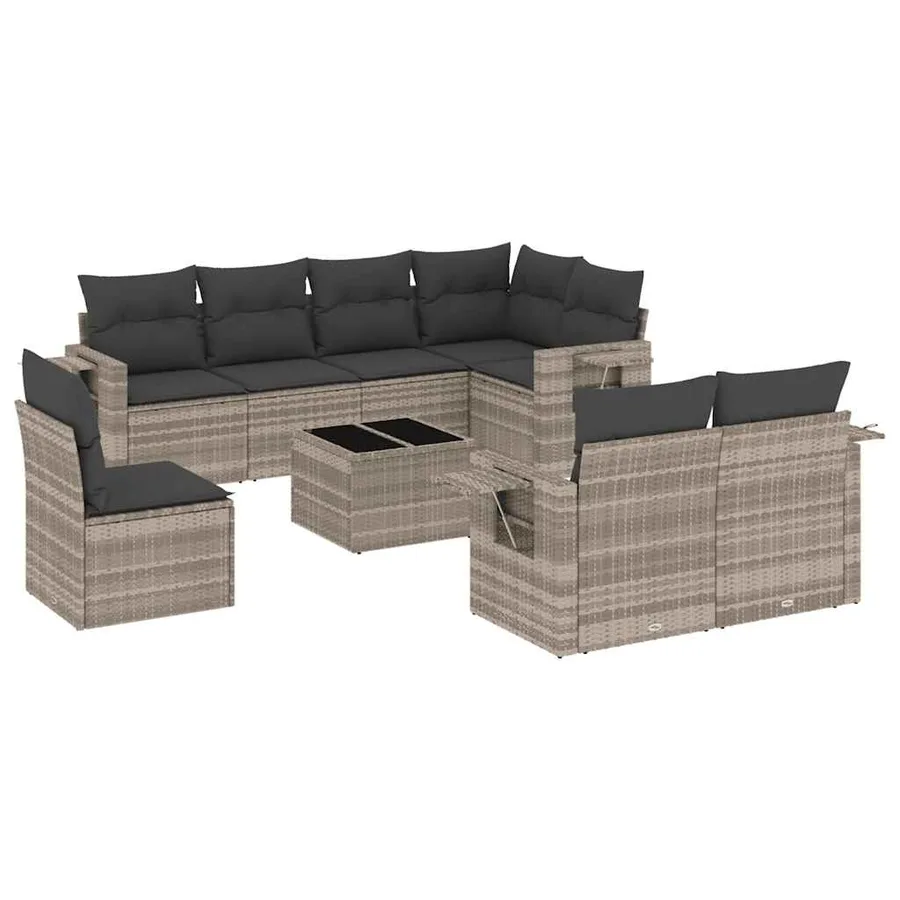 Salon de jardin 9 pcs avec coussins gris clair résine tressée - 2
