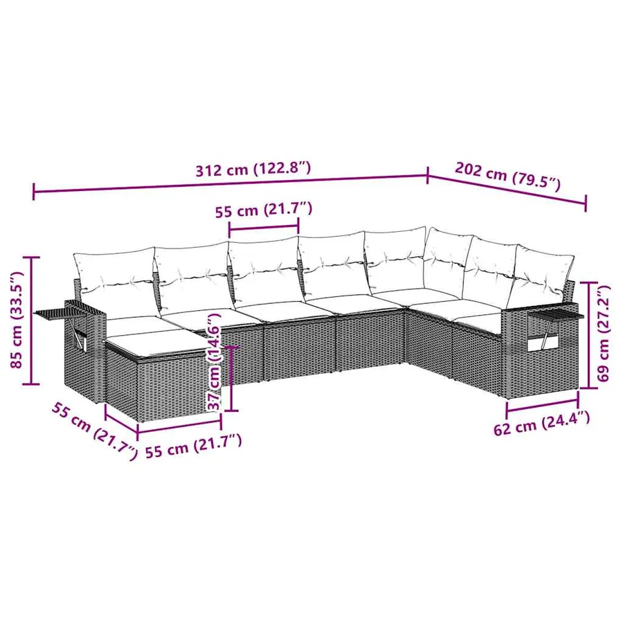 Salon de jardin 8 pcs avec coussins gris clair résine tressée - 3