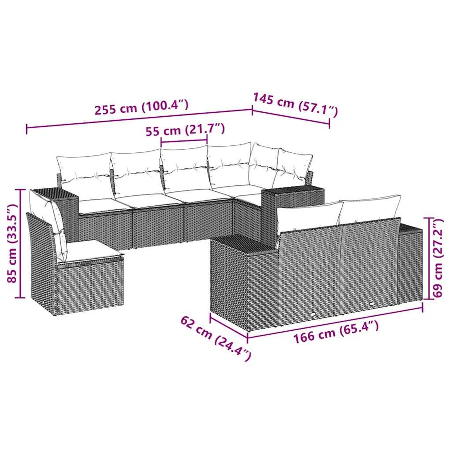 Salon de jardin 8 pcs avec coussins gris clair résine tressée - 3