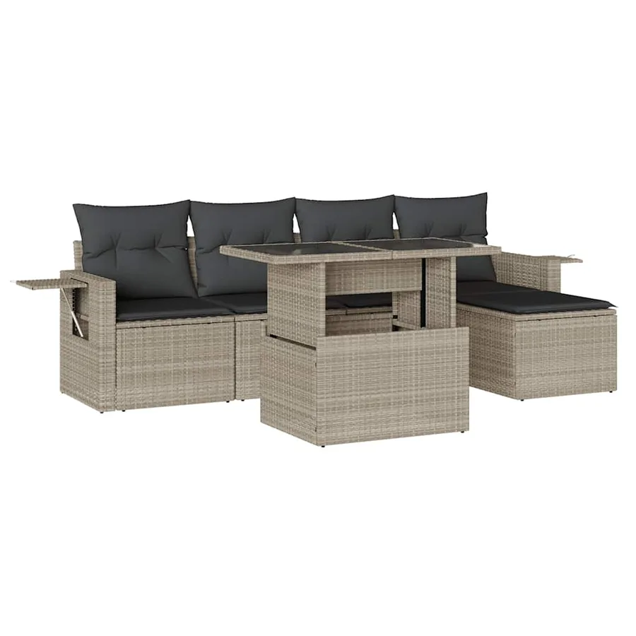 Salon de jardin 6 pcs avec coussins gris clair résine tressée - 2