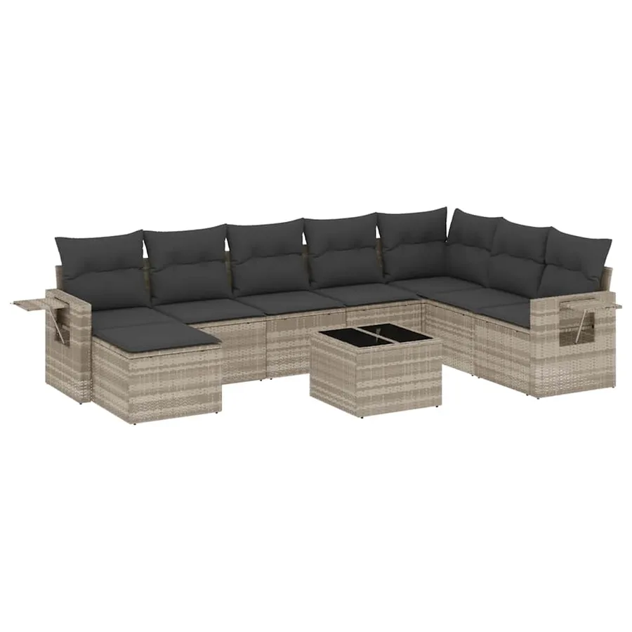 Salon de jardin 9 pcs avec coussins gris clair résine tressée - 2