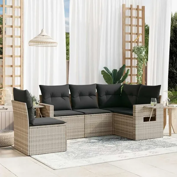 Salon de jardin 5 pcs avec coussins gris clair résine tressée