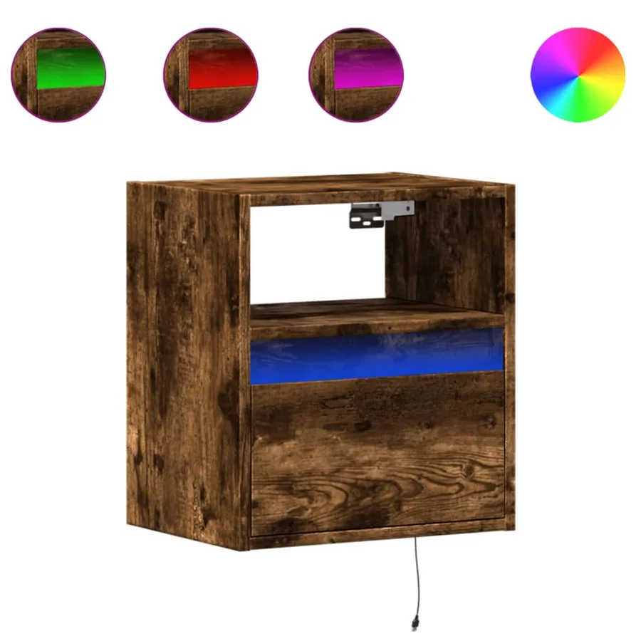 Tables de chevet murales avec lumières LED 2 pcs chêne fumé - 2