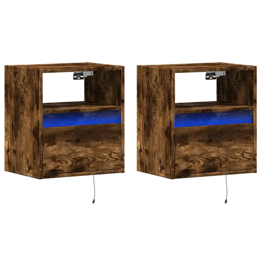 Tables de chevet murales avec lumières LED 2 pcs chêne fumé - 3