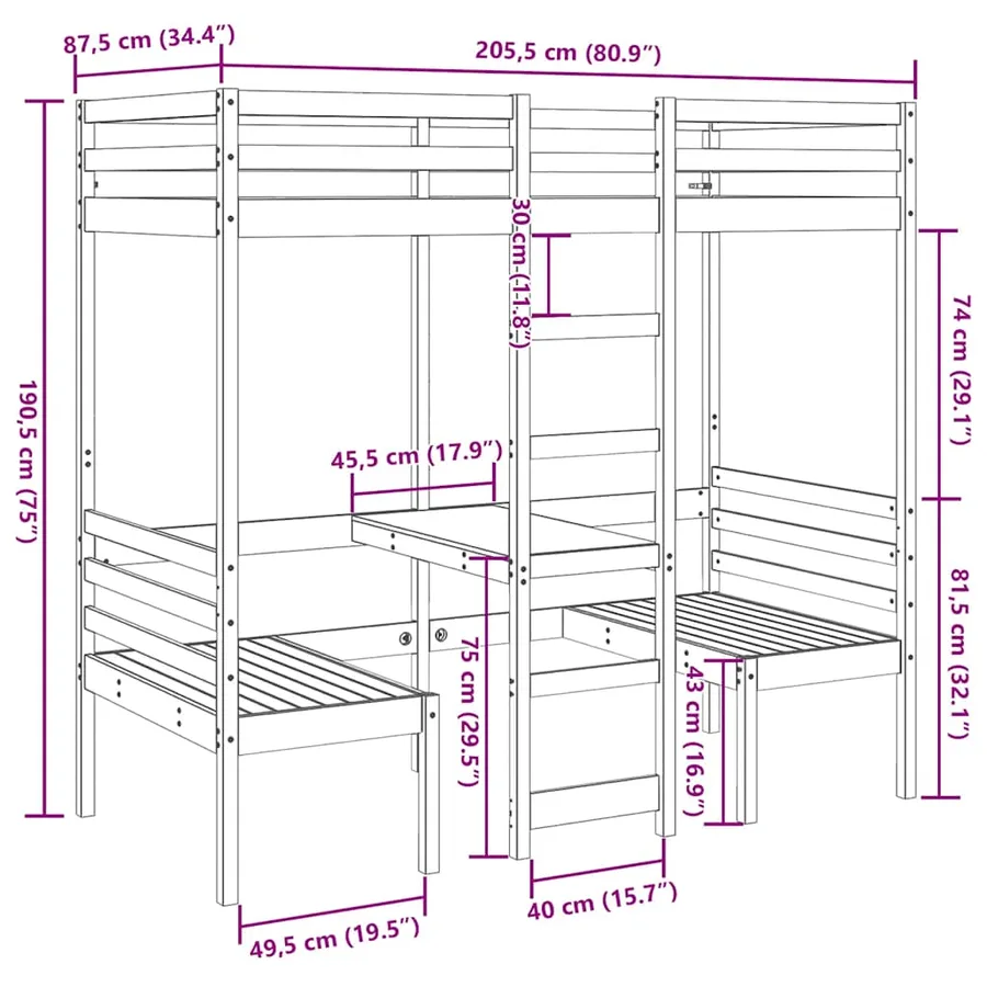 Lit mezzanine avec bureau et chaises brun cire 80x200 cm pin - 10