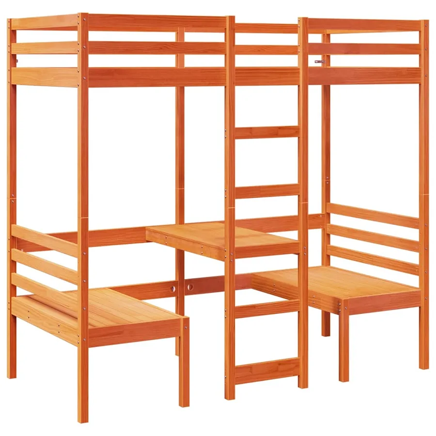 Lit mezzanine avec bureau et chaises brun cire 80x200 cm pin - 2