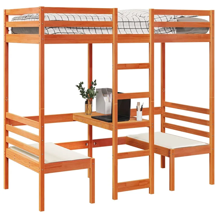 Lit mezzanine avec bureau et chaises brun cire 80x200 cm pin - 4
