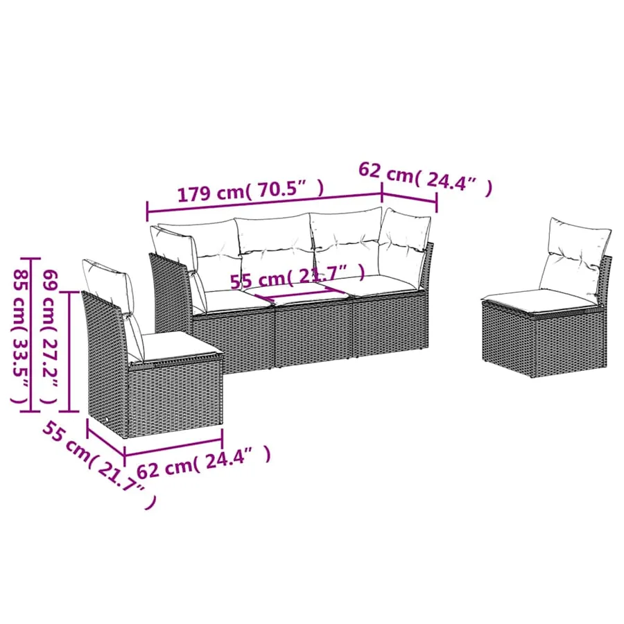 Salon de jardin 5 pcs avec coussins gris clair résine tressée - 3