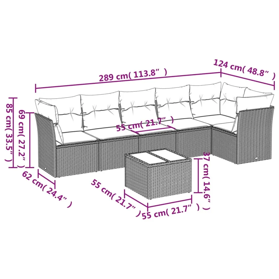 Salon de jardin avec coussins 7 pcs gris clair résine tressée - 3