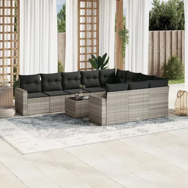 Salon de jardin 11 pcs avec coussins gris clair résine tressée