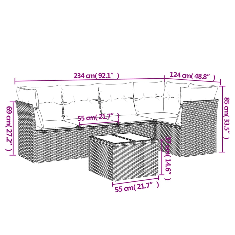 Salon de jardin 6 pcs avec coussins gris clair résine tressée - 3