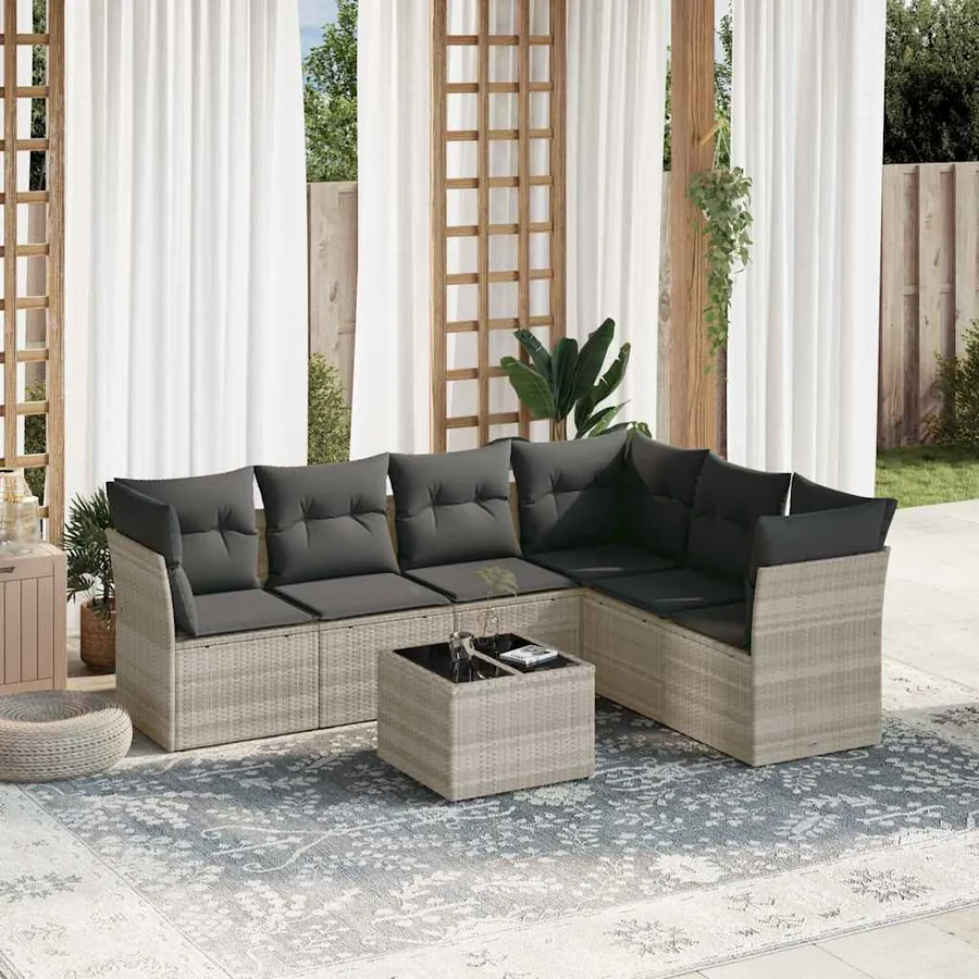 Salon de jardin avec coussins 7 pcs gris clair résine tressée
