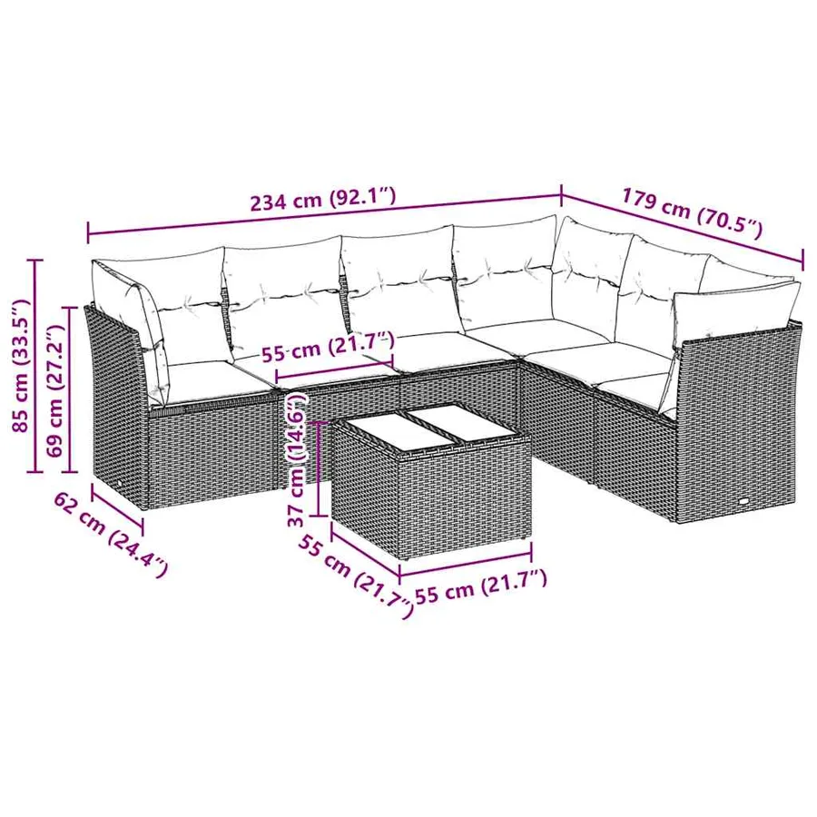 Salon de jardin avec coussins 7 pcs gris clair résine tressée - 7