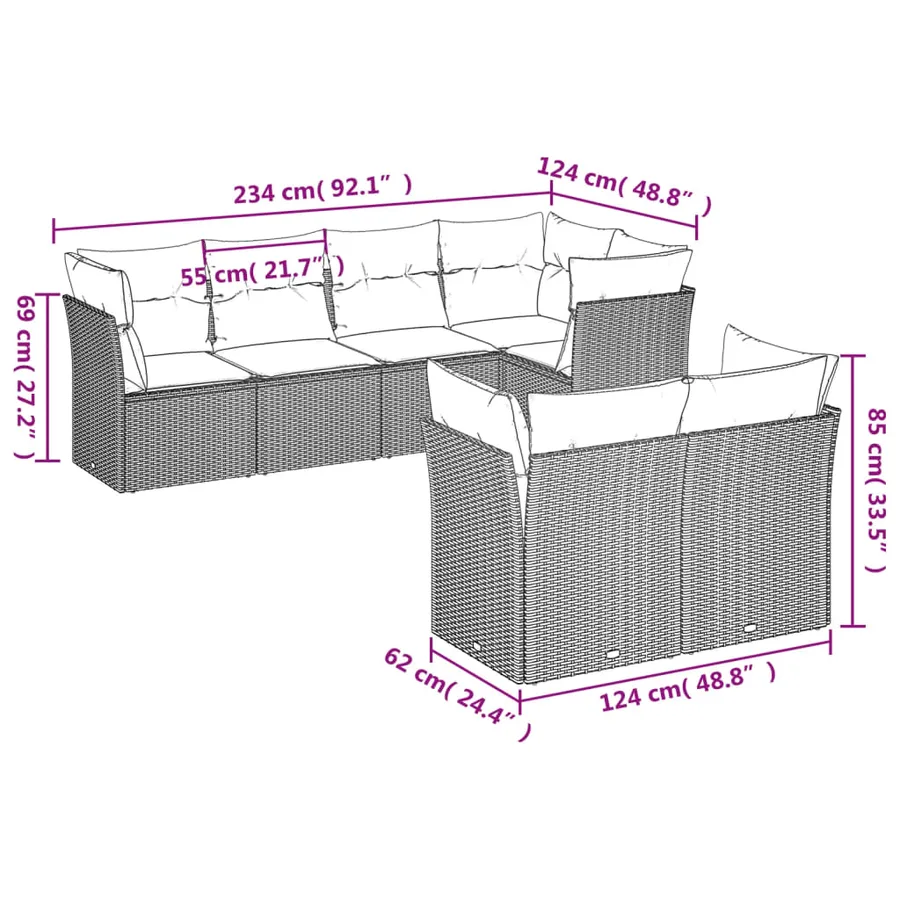 Salon de jardin avec coussins 7 pcs gris clair résine tressée - 3