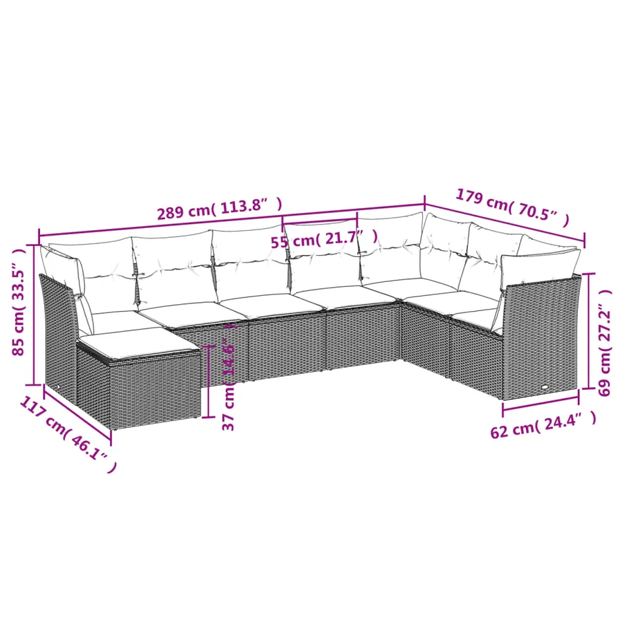 Salon de jardin 8 pcs avec coussins gris clair résine tressée - 3