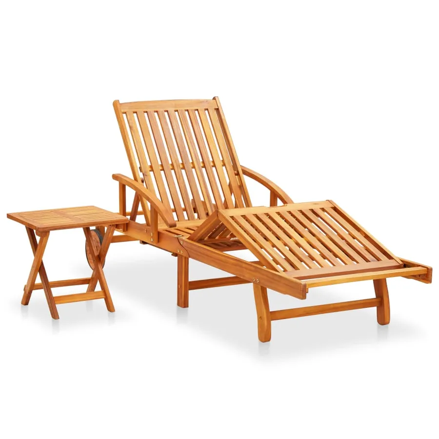 Garden Sun Lounger with Table and Cushion Acacia Wood - 2
